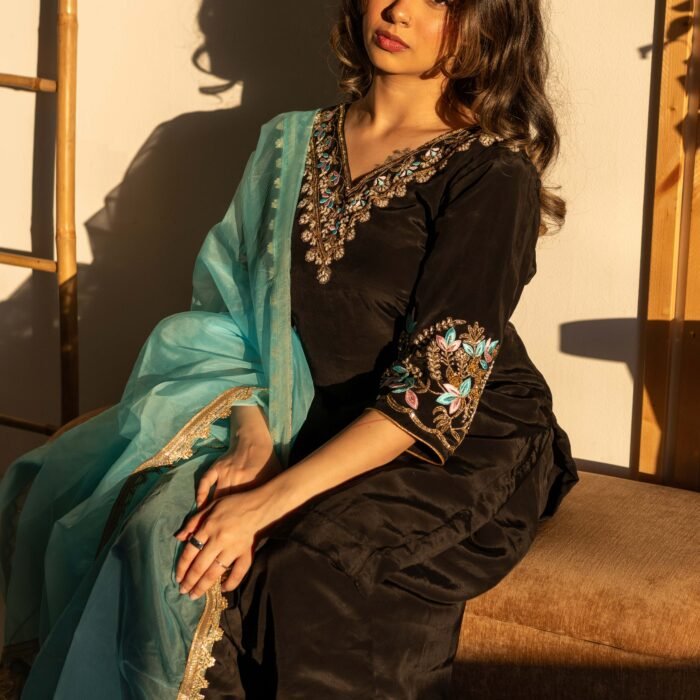 Black Embroidered Punjabi Suit with Turquoise Dupatta 1 Black Embroidered Punjabi Suit with Turquoise Dupatta
