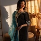 Black Embroidered Punjabi Suit with Turquoise Dupatta