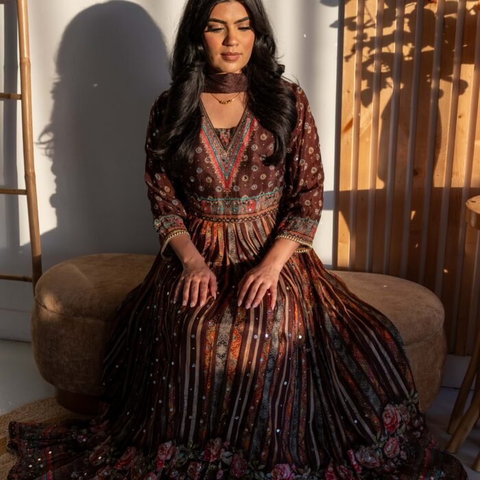 Elegant Chocolate Brown Printed Punjabi Suit with Floral Border Dupatta Elegant Chocolate Brown Printed Punjabi Suit with Floral Border Dupatta