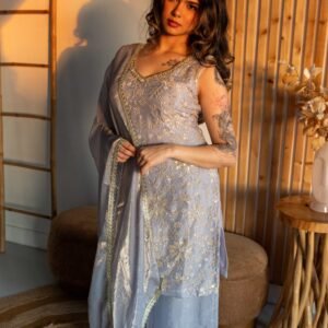 Elegant Ice Blue Embroidered Punjabi Suit with Palazzo & Organza Dupatta