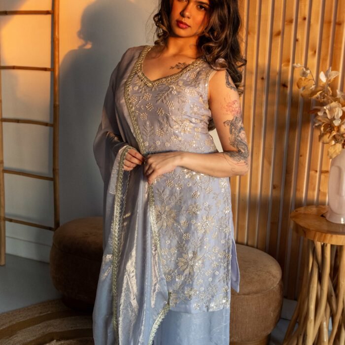 Elegant Ice Blue Embroidered Punjabi Suit with Palazzo & Organza Dupatta