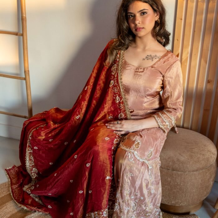 Rose Gold Embroidered Sharara Punjabi Suit Set with Red Dupatta