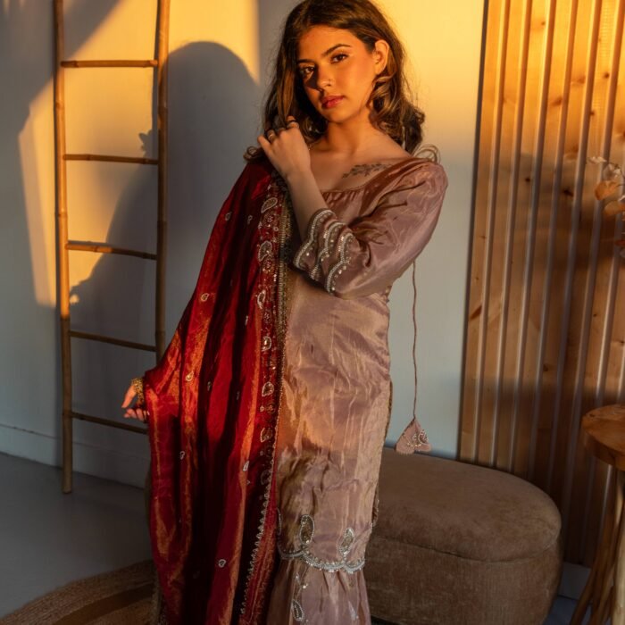Rose Gold Embroidered Sharara Punjabi Suit Set with Red Dupatta