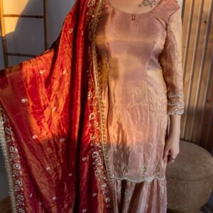 Rose Gold Embroidered Sharara Punjabi Suit Set with Red Dupatta Rose Gold Embroidered Sharara Punjabi Suit Set with Red Dupatta