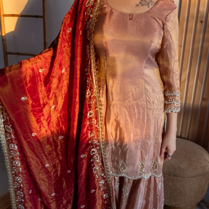 Rose Gold Embroidered Sharara Punjabi Suit Set with Red Dupatta
