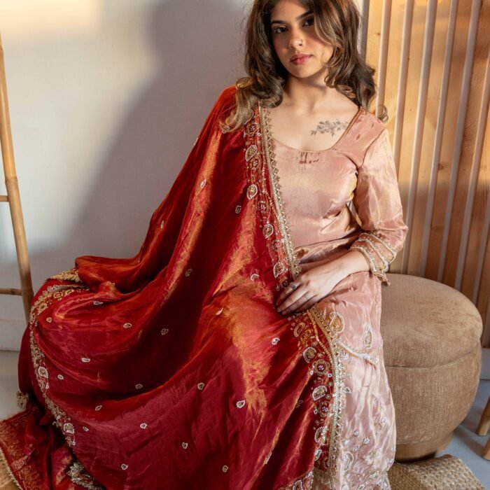 Rose Gold Embroidered Sharara Punjabi Suit Set with Red Dupatta