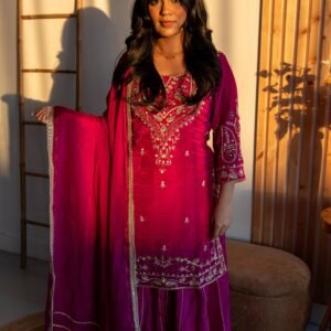 Royal Fuchsia Pink Punjabi Suit with Elegant Golden Embroidery