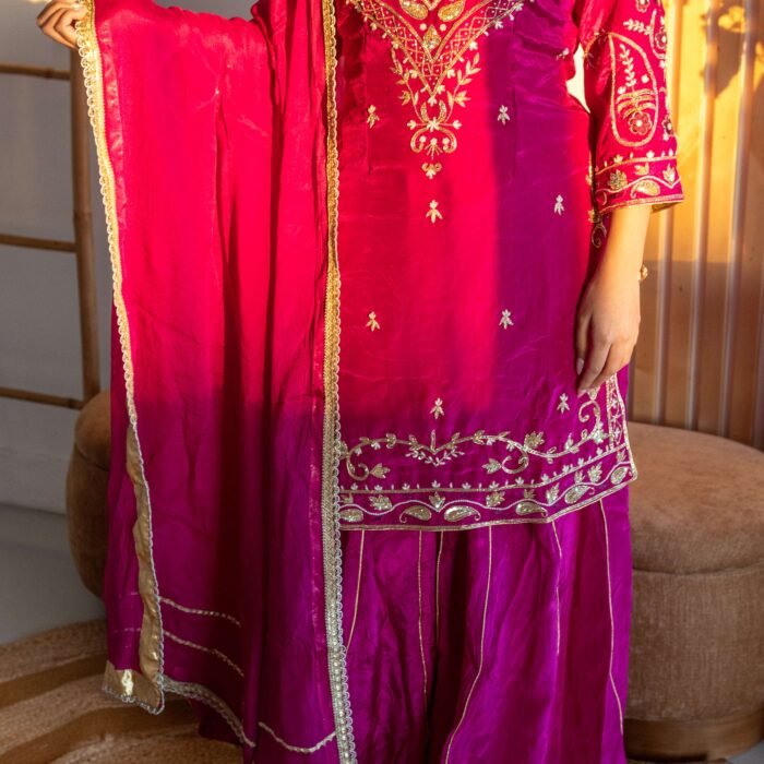 Royal Fuchsia Pink Punjabi Suit with Elegant Golden Embroidery