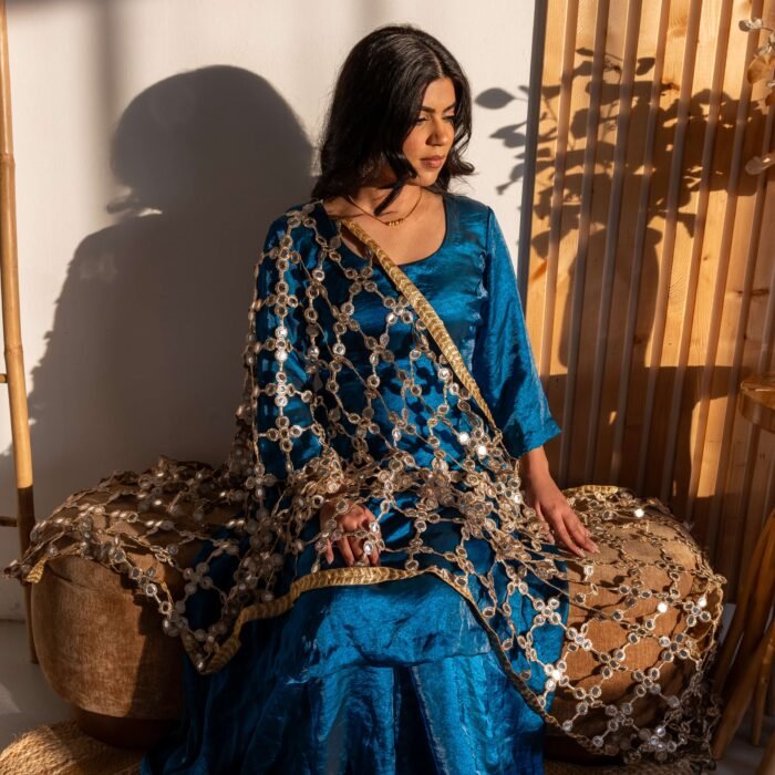 Royal Sapphire Punjabi Suit with Sharara with Mirror Net Dupatta Royal Sapphire Punjabi Suit with Sharara with Mirror Net Dupatta with Mirror Net Dupatta