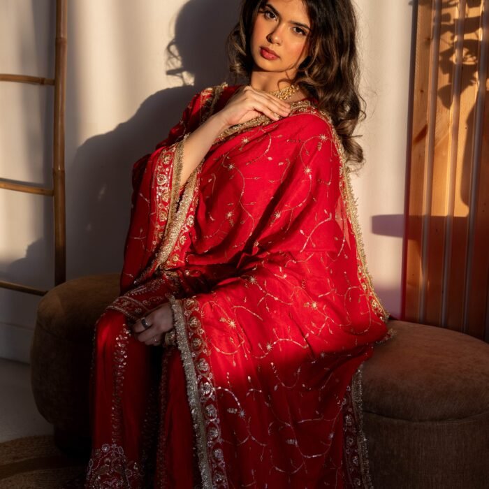 Ruby Red Embroidered Punjabi Suit with Heavy Gold Work & Elegant Dupatta