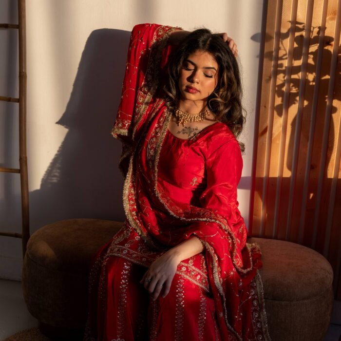 Ruby Red Embroidered Punjabi Suit with Heavy Gold Work & Elegant Dupatta