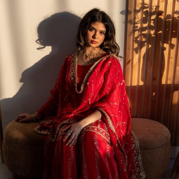 Ruby Red Embroidered Punjabi Suit with Heavy Gold Work & Elegant Dupatta